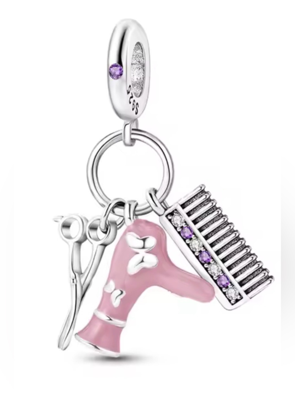 Silver & Pink Hair Dryer, Scissors & Comb Dangle Charm